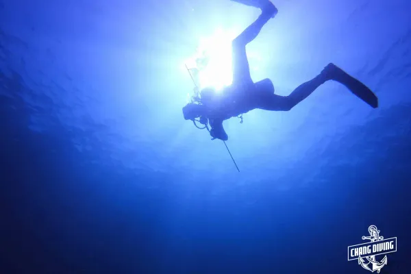 Scuba diver exploring Hin Rua Tek reef walls at Koh Chang