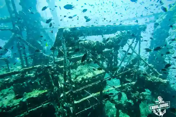 Divers descending onto the HTMS Chang wreck in Koh Chang