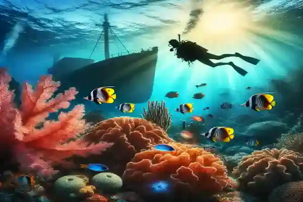 Scuba diver exploring coral reef in Koh Chang